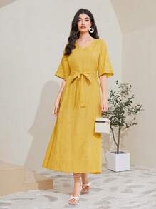 Mulvari Cotton Solid Belted A-line Dress