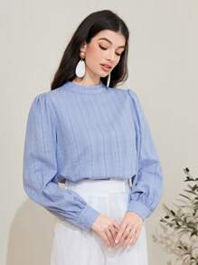 Mulvari Bông 100% Cổ giả Tay áo lồng đèn Chất rắn Áo - Màu xanh lam - Xem 3