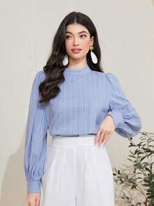 Mulvari Bông 100% Cổ giả Tay áo lồng đèn Chất rắn Áo - Màu xanh lam - Xem 4