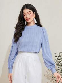 Mulvari Bông 100% Cổ giả Tay áo lồng đèn Chất rắn Áo - Màu xanh lam - Xem 6