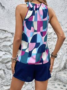 SHEIN LUNE 幾何印花肩上打結上衣&前打結短褲 - 彩色 - 查看 3