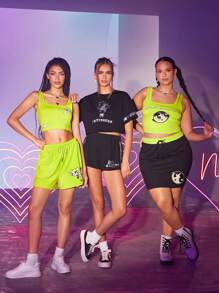 THE POWERPUFF GIRLS X SHEIN 大碼1入組標語和卡通圖案背心上衣 - 青檸色 - 查看 2