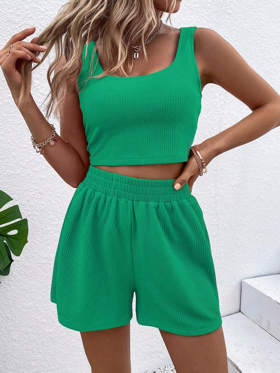 Breezaya Solid Ribbed Knit Tank Top & Shorts