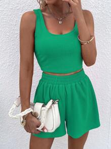 Breezaya Solid Ribbed Knit Tank Top & Shorts