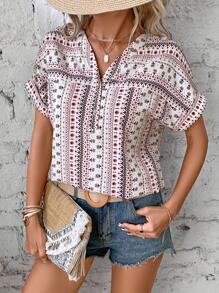 SHEIN LUNE Geo Print Batwing Sleeve Blouse - Multicolor - View 1