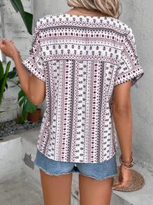 SHEIN LUNE Geo Print Batwing Sleeve Blouse - Multicolor - View 2