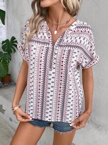 SHEIN LUNE Geo Print Batwing Sleeve Blouse - Multicolor - View 3