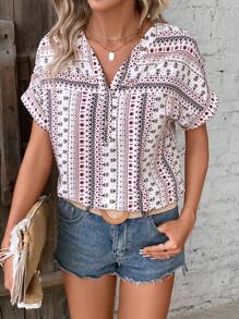 SHEIN LUNE Geo Print Batwing Sleeve Blouse - Multicolor - View 5