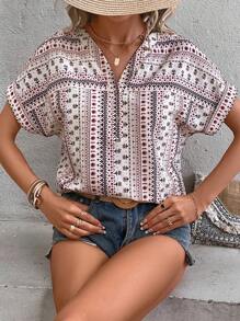 SHEIN LUNE Geo Print Batwing Sleeve Blouse - Multicolor - View 6