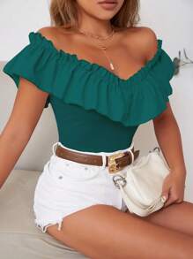 Chiquease Off Shoulder Ruffle Trim Tee - Green - View 1
