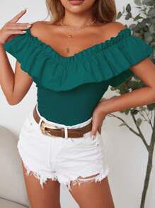 Chiquease Off Shoulder Ruffle Trim Tee - Green - View 4