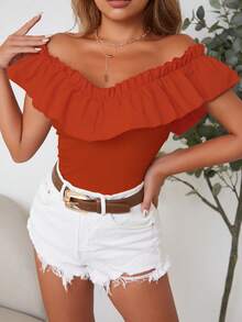 SHEIN Privé 一字肩荷葉邊T恤 - 亮橙色 - 查看 4