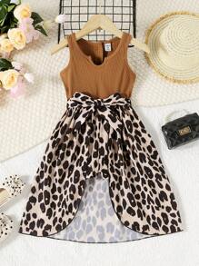 小女童豹紋印花缺口領高低下擺腰帶連身短褲 - 彩色 - 查看 1