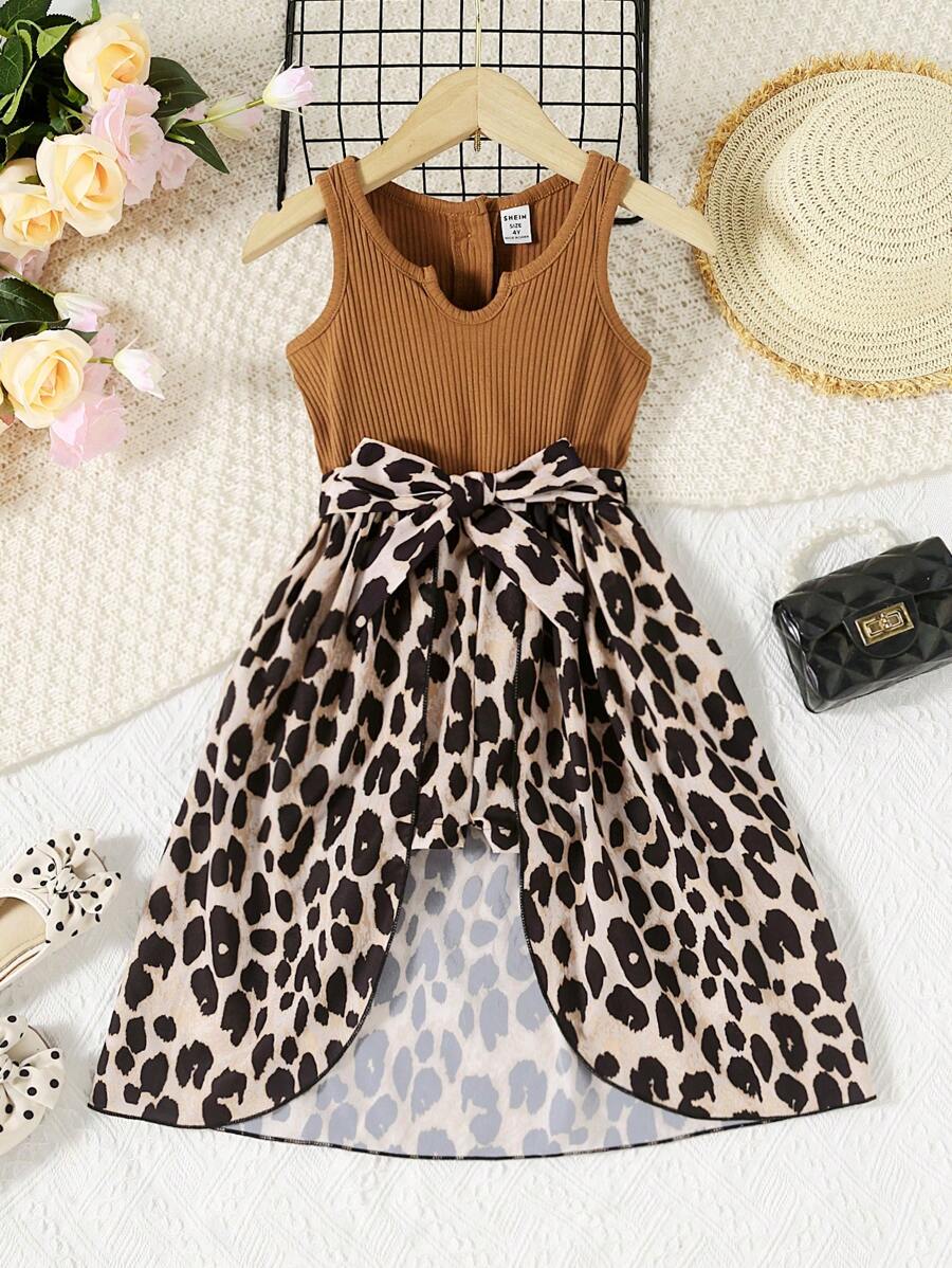 小女童豹紋印花缺口領高低下擺腰帶連身短褲 - 彩色 - 查看 1