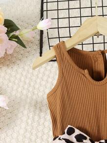 小女童豹紋印花缺口領高低下擺腰帶連身短褲 - 彩色 - 查看 4