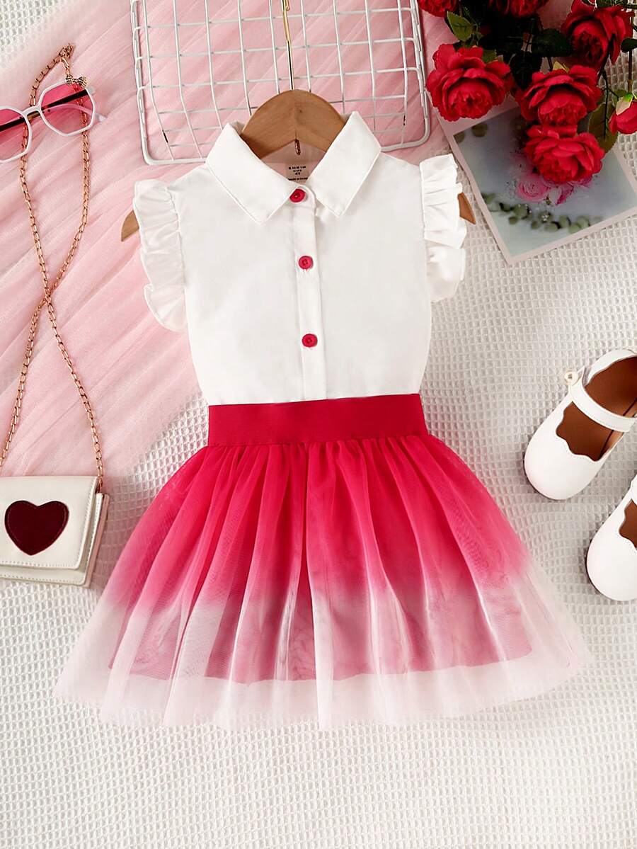 小女童荷葉邊襯衫和漸層網紗覆蓋半身裙 - 紅白色 - 查看 1