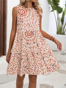 SHEIN VCAY Allover Print Ruffle Hem Smock Dress - Apricot - View 1