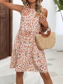 SHEIN VCAY Allover Print Ruffle Hem Smock Dress - Apricot - View 3