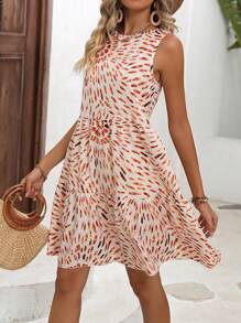 SHEIN VCAY Allover Print Ruffle Hem Smock Dress - Apricot - View 4