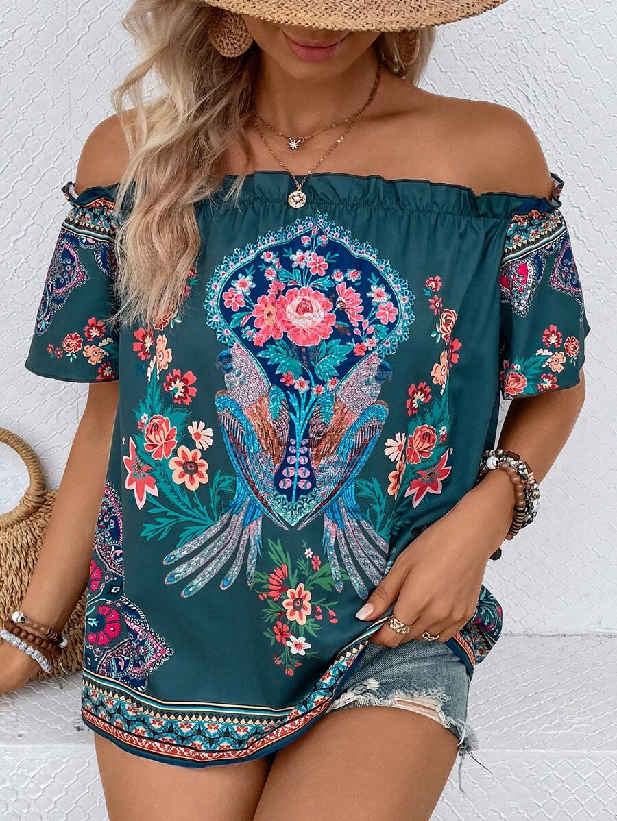 SHEIN LUNE 印花一字肩褶邊襯衫 - 綠色 - 查看 1