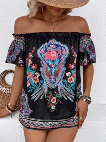 SHEIN LUNE 印花一字肩褶邊襯衫 - 黑色 - 查看 1