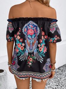 SHEIN LUNE 印花一字肩褶邊襯衫 - 黑色 - 查看 2