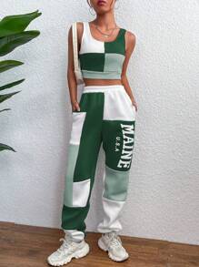 SHEIN LUNE 撞色背心上衣和字母圖案衛褲 - 綠色 - 查看 5