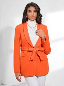 SHEIN BIZwear 青果領腰帶西裝外套 - 橘色 - 查看 4