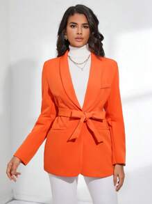 SHEIN BIZwear 青果領腰帶西裝外套 - 橘色 - 查看 5