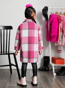 SHEIN SLAYR Young Girl Young Girl Urban Elegant Plaid Jacquard Loose Mid-Length Coat In Fall/Winter - Hot Pink - View 7