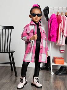 SHEIN SLAYR Young Girl Young Girl Urban Elegant Plaid Jacquard Loose Mid-Length Coat In Fall/Winter - Hot Pink - View 3