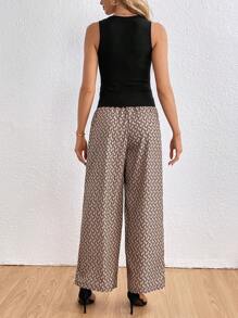 SHEIN Privé 素色背心上衣和滿版印花長褲 - 黑色 - 查看 2