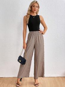 SHEIN Privé 素色背心上衣和滿版印花長褲 - 黑色 - 查看 5