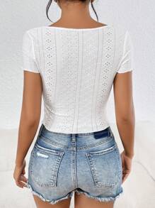 SHEIN Essnce 女款短袖V領純色透氣襯衫 - 白色 - 查看 2