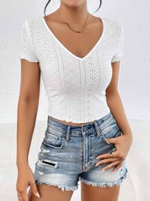 SHEIN Essnce 女款短袖V領純色透氣襯衫 - 白色 - 查看 5