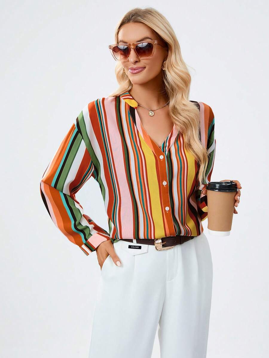 SHEIN Clasi In sọc Nút phía trước Áo sơ mi - Nhiều màu - Xem 1