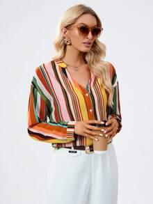 SHEIN Clasi In sọc Nút phía trước Áo sơ mi - Nhiều màu - Xem 4