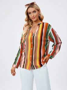 SHEIN Clasi In sọc Nút phía trước Áo sơ mi - Nhiều màu - Xem 7