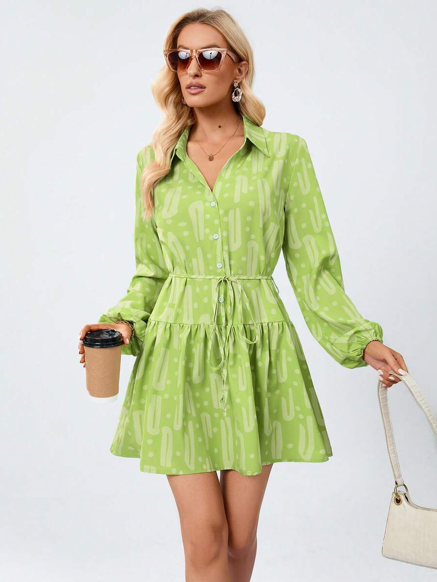 SHEIN Privé In Toàn bộ Tay áo lồng đèn Xù Hoa Sen Thắt lưng Váy sơ mi - màu xanh lá - Xem 1