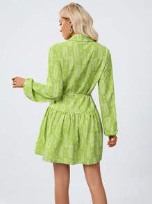 SHEIN Privé In Toàn bộ Tay áo lồng đèn Xù Hoa Sen Thắt lưng Váy sơ mi - màu xanh lá - Xem 2