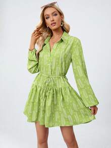 SHEIN Privé In Toàn bộ Tay áo lồng đèn Xù Hoa Sen Thắt lưng Váy sơ mi - màu xanh lá - Xem 3
