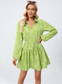 SHEIN Privé In Toàn bộ Tay áo lồng đèn Xù Hoa Sen Thắt lưng Váy sơ mi - màu xanh lá - Xem 6
