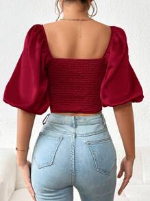 Firerie Sweetheart Neck Puff Sleeve Crop Blouse - Burgundy - View 2