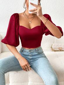 Firerie Sweetheart Neck Puff Sleeve Crop Blouse - Burgundy - View 3