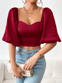 Firerie Sweetheart Neck Puff Sleeve Crop Blouse - Burgundy - View 4
