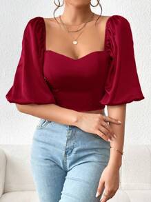 Firerie Sweetheart Neck Puff Sleeve Crop Blouse - Burgundy - View 6