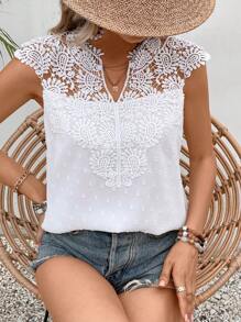 SHEIN Frenchy Swiss Dot Contrast Guipure Lace Notched Neck Blouse