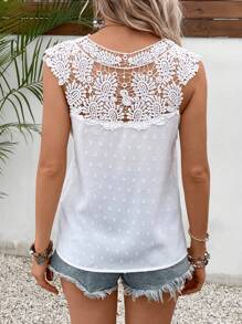 SHEIN Frenchy Swiss Dot Contrast Guipure Lace Notched Neck Blouse
