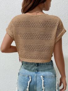 SHEIN EZwear 素色蝙蝠袖短款上衣 - 卡其色 - 查看 2