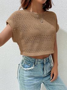 SHEIN EZwear 素色蝙蝠袖短款上衣 - 卡其色 - 查看 4